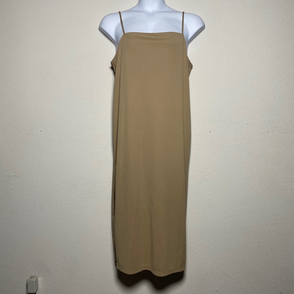 H&M Slip Midi Dress L Tan Womens Minimalist‎ Recycled Polyester Side Slit NWT